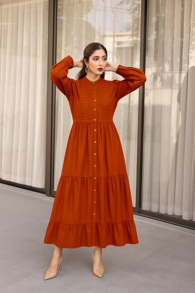 "Terracotta Pleat Midi Dress