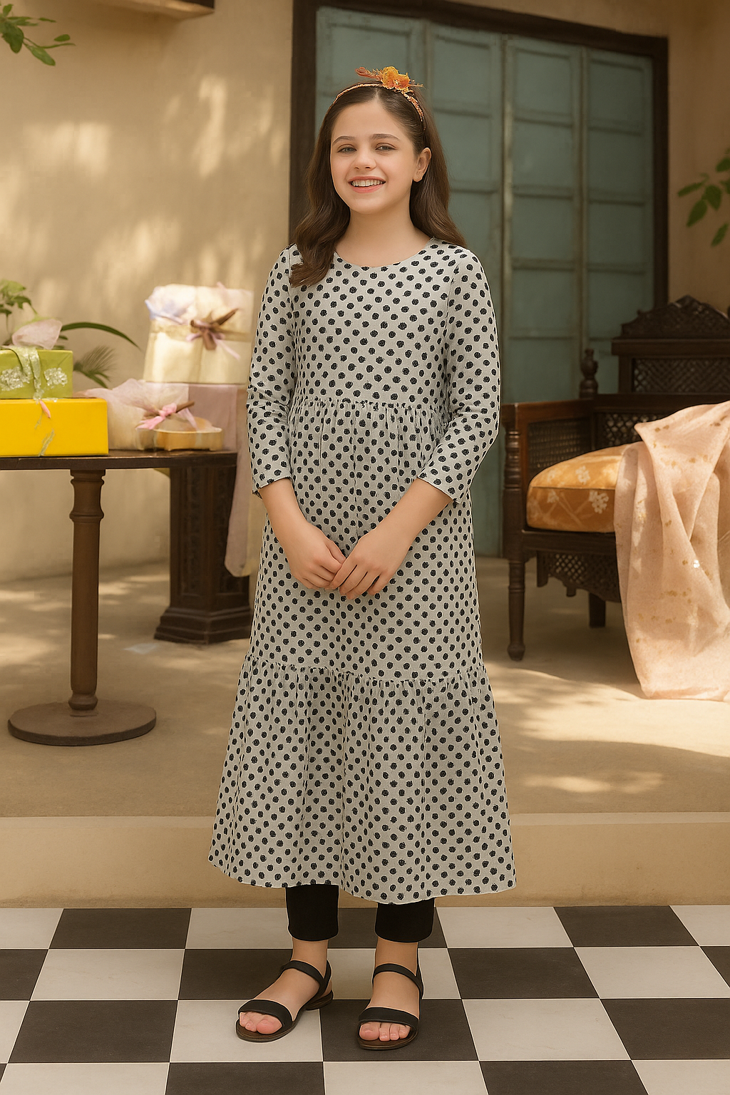 Pixel Dot Ruffle Maxi