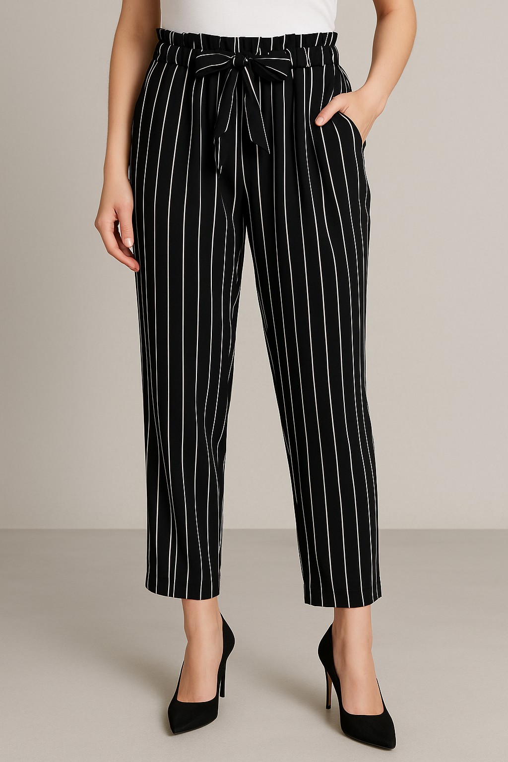 Monochrome Stripe Tie-Waist Trousers
