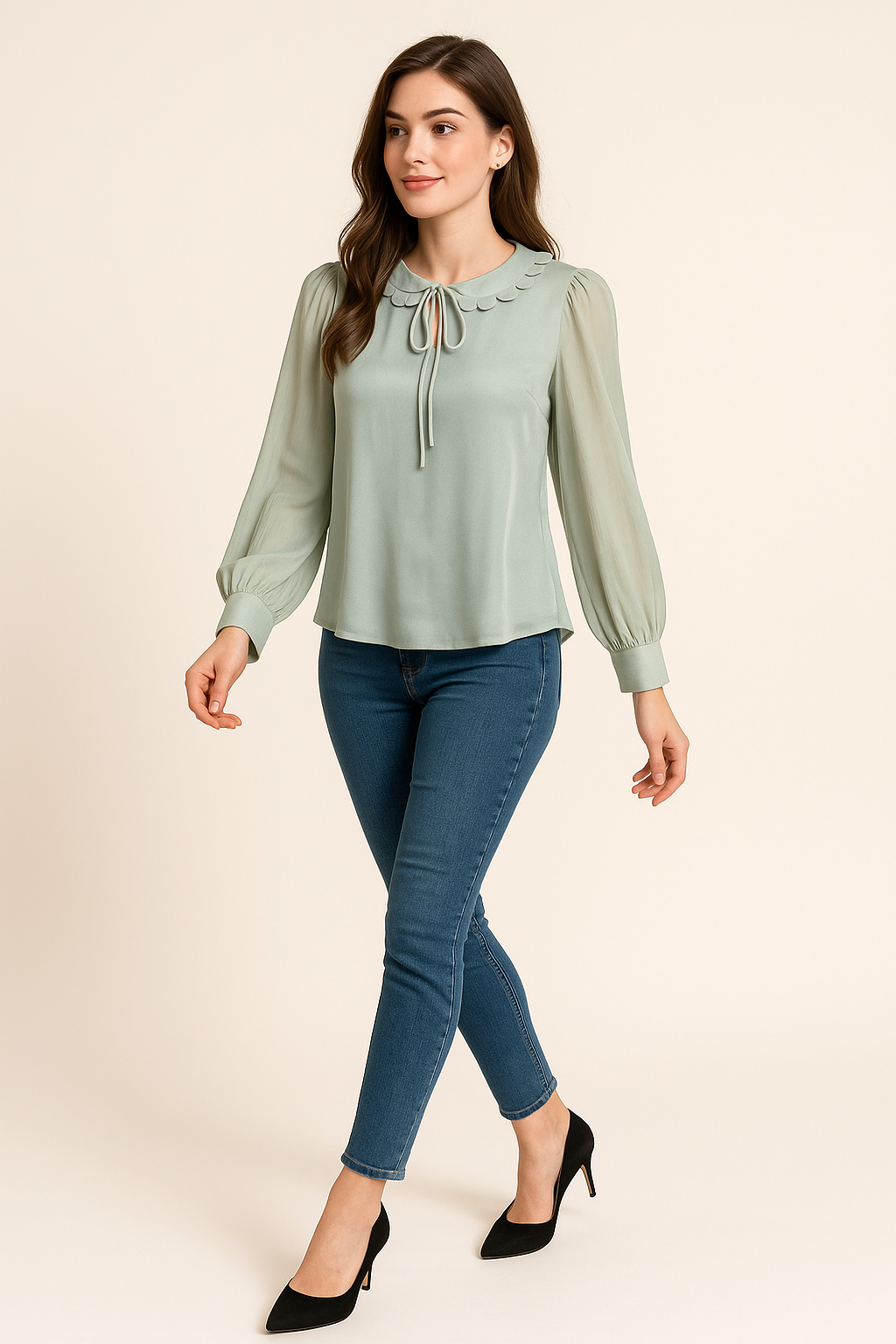 Sage Petal Tie-Neck Blouse